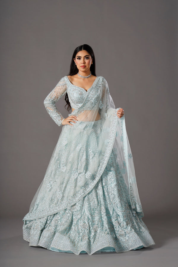Shimmering Azure Organza Lehenga Choli With Small Motif Embroidery and Beadwork