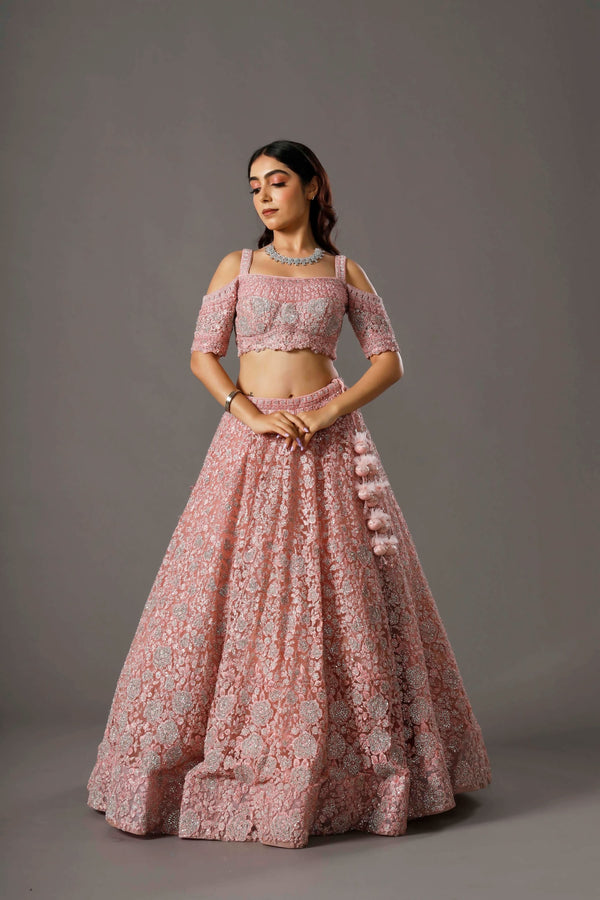 Coral Radiance Lehenga Choli With Embroidery and Stonework Paired With Organza Dupatta