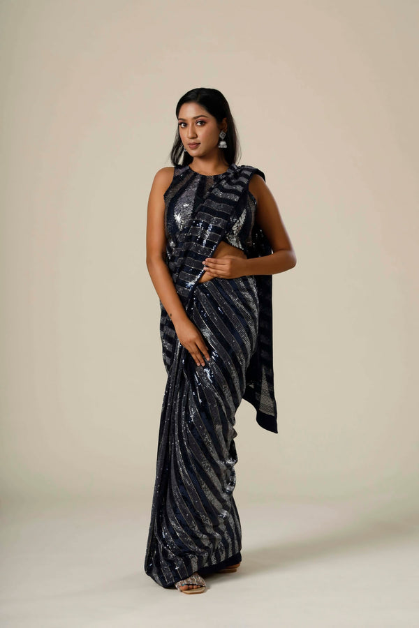 Navy Blue Splendid Ready Pleated Shimmery Net Saree With Sequin Artwork and Striped Patterns