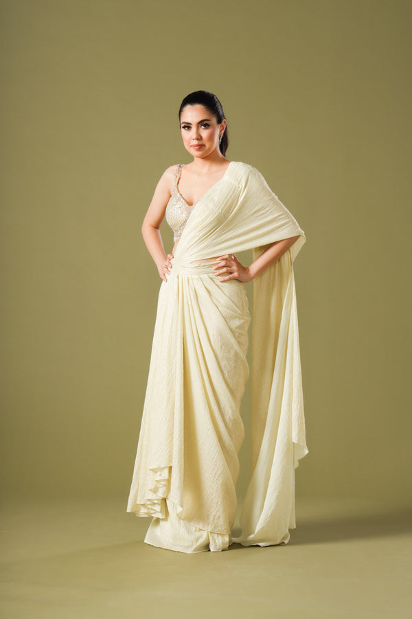 Pompous Light Yolk Ready Pleated Saree With Burge Beads Embellished Blouse