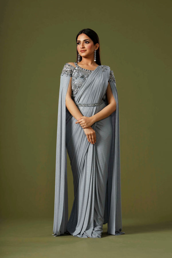 Silver Ash Opulence Ready Pleated Glittering Georgette Saree With Minimalist Cut Dana Detailing Blouse
