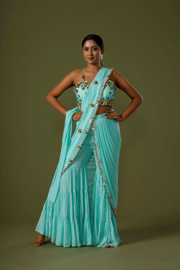 Light Turquoise Escape Saree Having Blouse With Stonework and Lehenga With Thread Embroidery