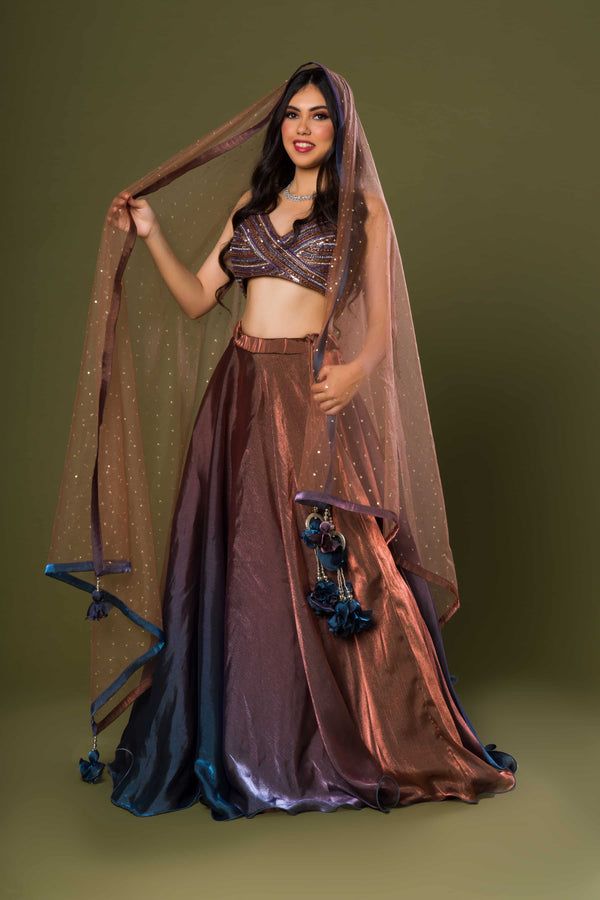 Brown & Blue Shaded Silk Oyster Organza Lehenga Paired With Sequins Blouse And Net Dupatta