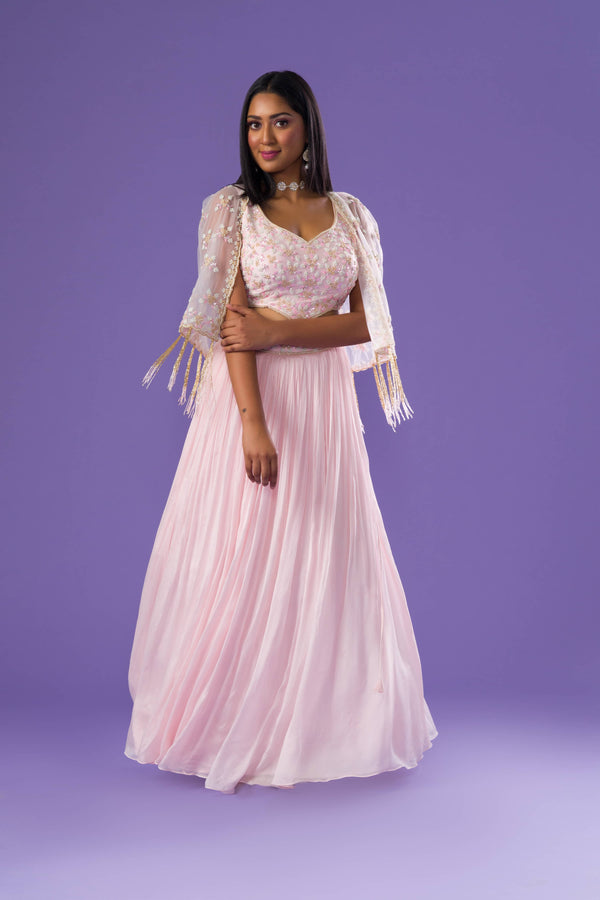 Baby Pink Festive Embroidered in Cut Dana And Moti Lehenga Set With Cape In Georgette