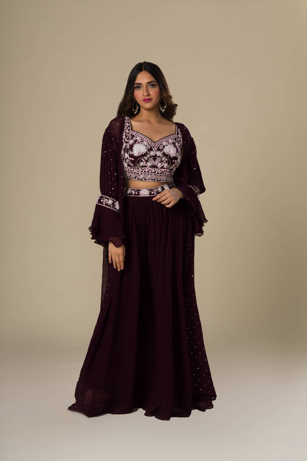 Maroon Crop Top And Skirt Embroidered in Cut Dana And Moti With Jacket In Georgette