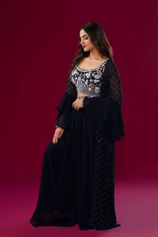 Royal Blue Crop Top And Skirt Embroidered in Cut Dana And Moti With Jacket In Georgette