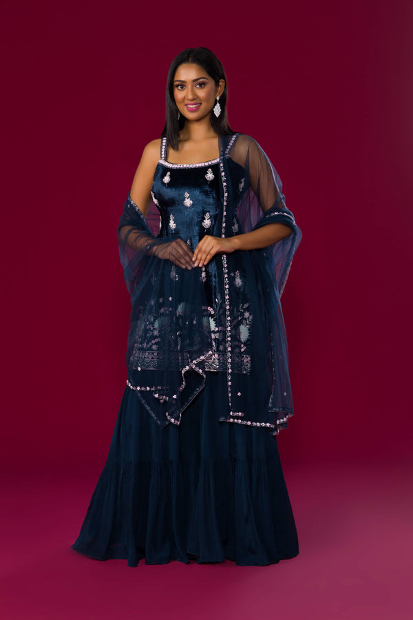 Navy Blue Palazzo Suit In Velvet with Floral Embroidered Cut Dana Work And Net Dupatta