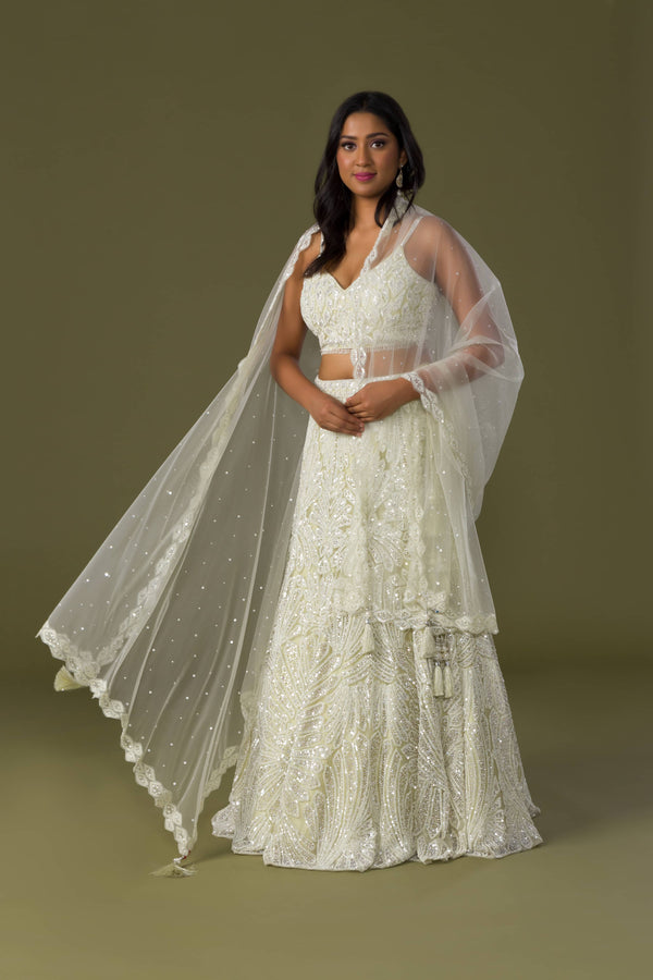 Warm Olive Color Net Lehenga Embellished With White Sequins And Beads