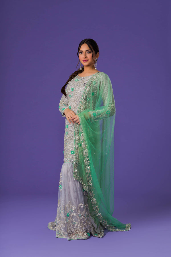 Bright Grey Sharara Suit In Net With Aqua Pastel Colored Resham And Sequins Embroidered Jaal And Cut Dana Fringes
