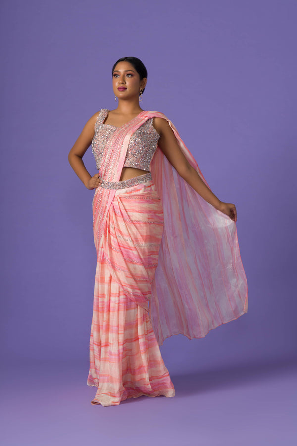 Aesthetic Peach Pink Tie-Dye Satin Saree With Embellished In Sequins Blouse And Belt