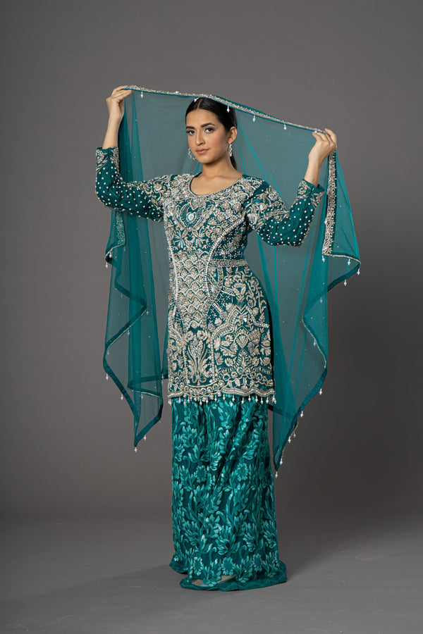 Teal Blue Enchantment Kameez With Extensive Cut Dana and Organza Palazzo With Sequins