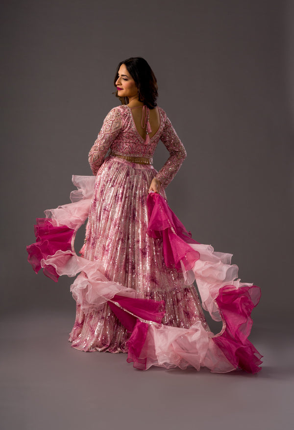 Baby Pink and Fuschia Allure Lehenga Choli With Opulent Sequins Work and Two Toned Ruffled Dupatta