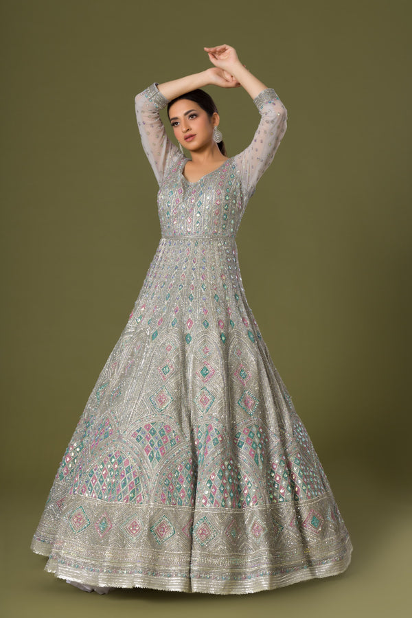 Soothing Ash Dust Gown With Enriched Cut Dana Beads, Stonework and Gota Patti Embellished Flare Borders
