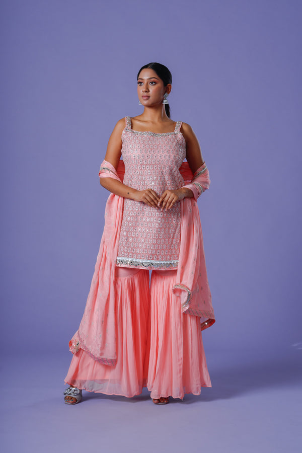 Whimsical Dahlia Sharara Suit With Beadwork Shirt and Frilled Plain Palazzo Alongwith Subtle Dupatta