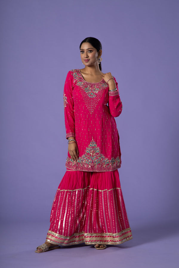 Raspberry Radiance Sharara Suit With Cut Dana Shirt and Gota Patti Sharara Paired With Thin Laced Bordered Dupatta
