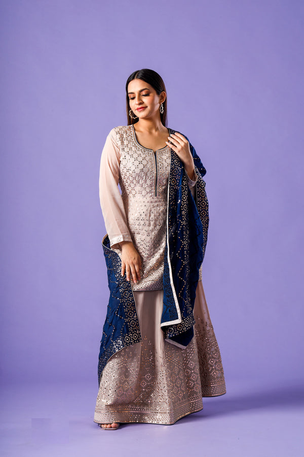 Tarnished Lilac Sophistication Palazzo Suit With Mirrorwork Shirt and Stonework Palazzo Having Royal Blue Dupatta