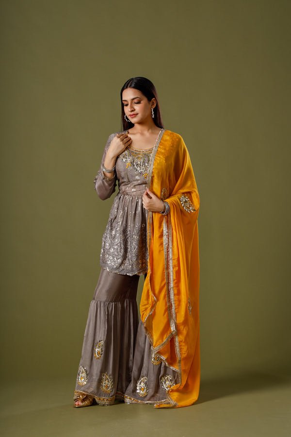 Citrus Charisma Sharara Suit With Sequins Frock and Silk Sharara With Orange Embroidery, Finished With Yellow Dupatta