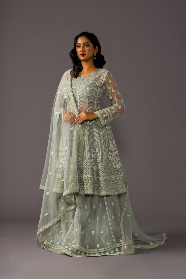 Lustrous Ash Grey Palazzo Suit With Ornate Tilla Paired With Delicate Net Dupatta