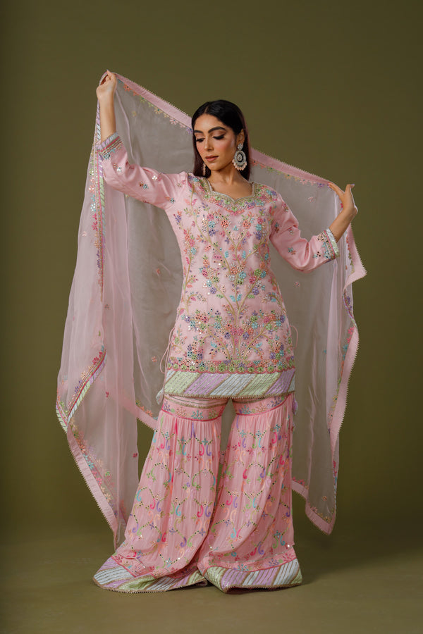 Cotton Candy Delight Sharara Suit With Delicate Mirrorwork and Frilled Sharara Adorned With Gota Patti
