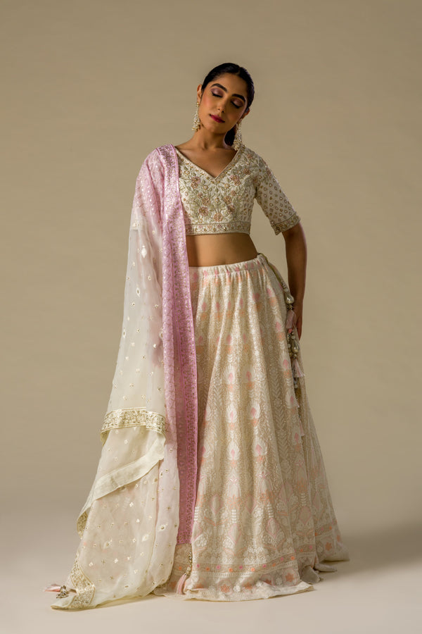 Off-White Frosty Gleam Lehenga Choli With Giant Beads Blouse and Carved and Sequins Finished Lehenga With Gradient Dupatta