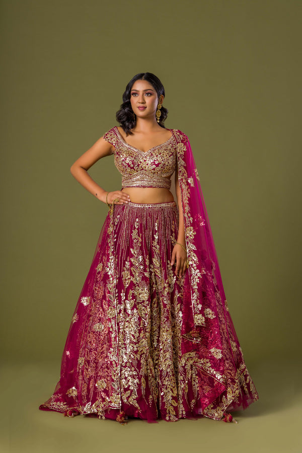 Exquisite Scarlet Lehenga Choli With Massive Sequins, Paired With Sequins Bordered Dupatta