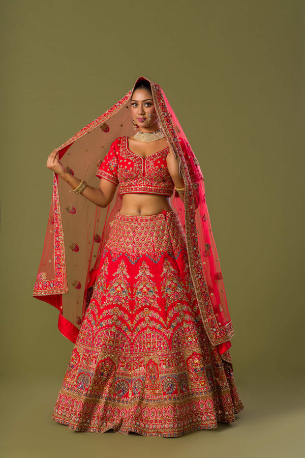 Ethnic Red Heritage Bridal Lehnga Choli with Thread Embroidery and Beadwork Paired With Organza Dupatta