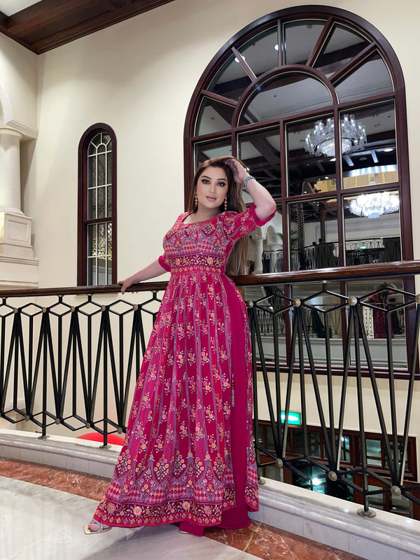 Hot Pink Palazzo Suit In Georgette Adorned With Resham And Stone Embroidery