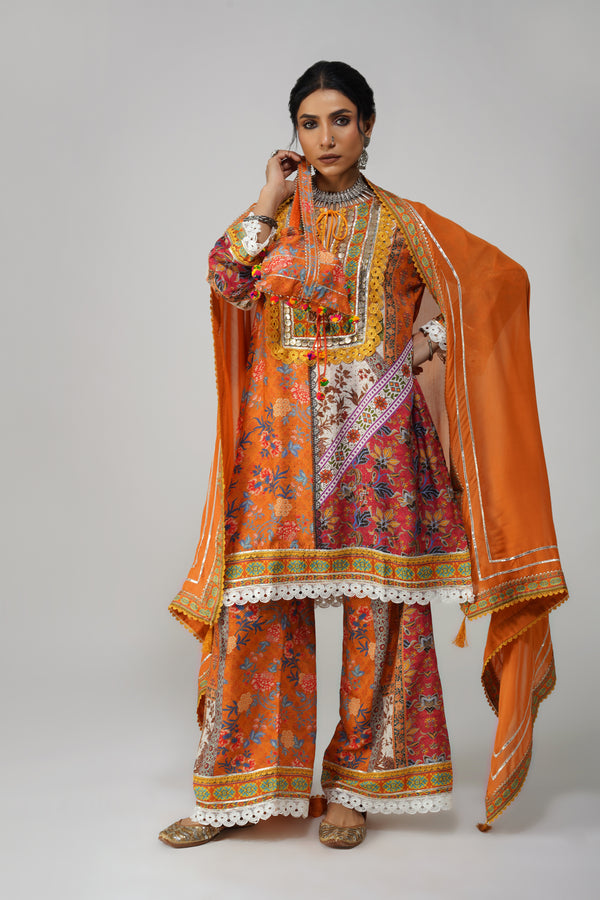 Vibrant Orange & Gold Embroidered Festive Ensemble