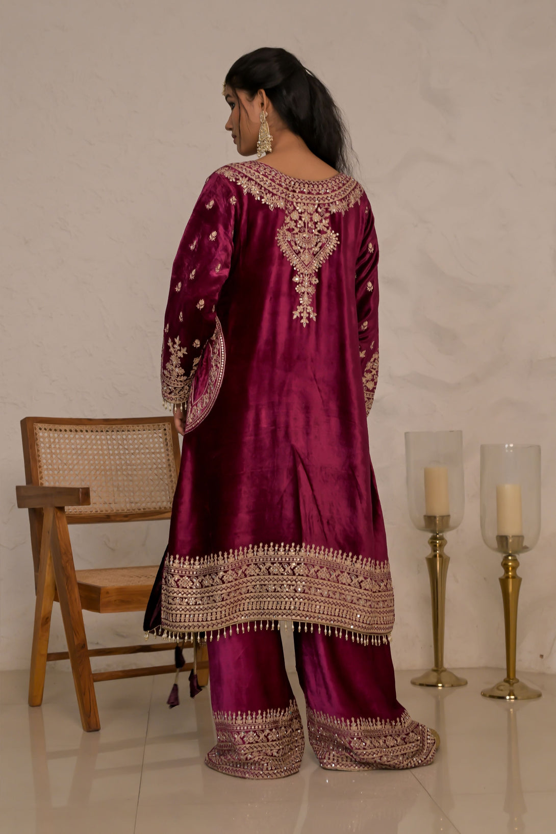 Velvet Embroidered Suit Set Maroon