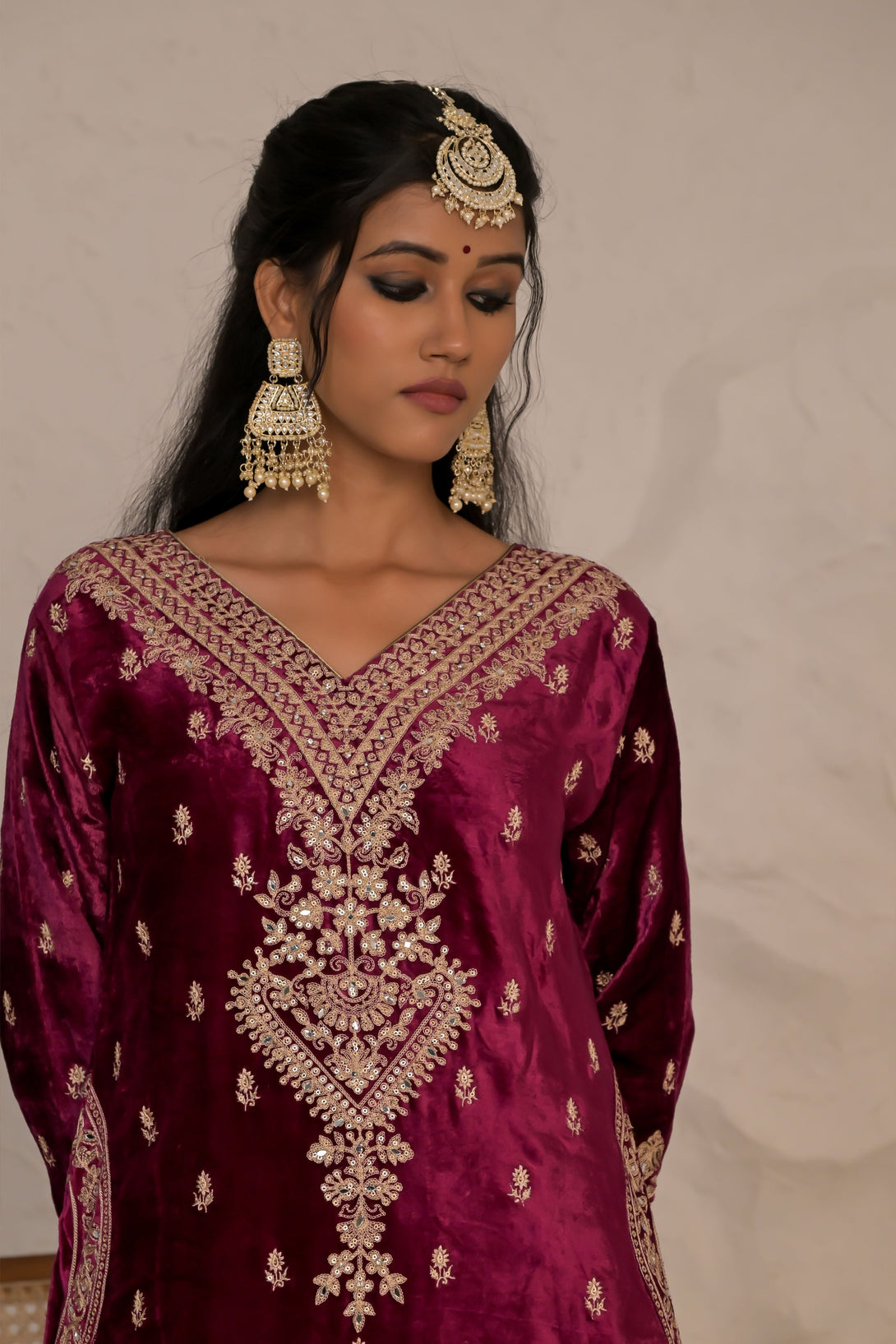 Velvet Embroidered Suit Set Maroon