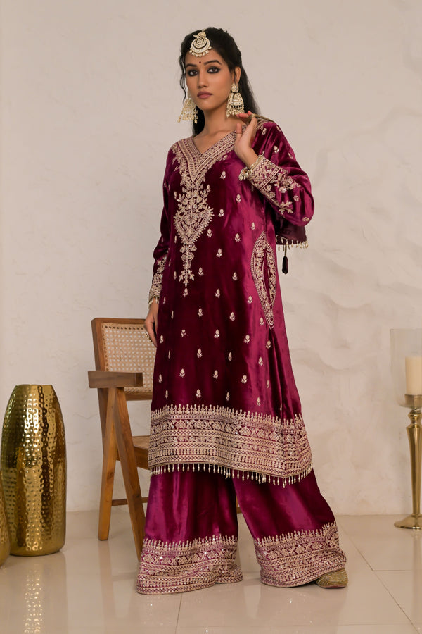 Velvet Embroidered Suit Set Maroon