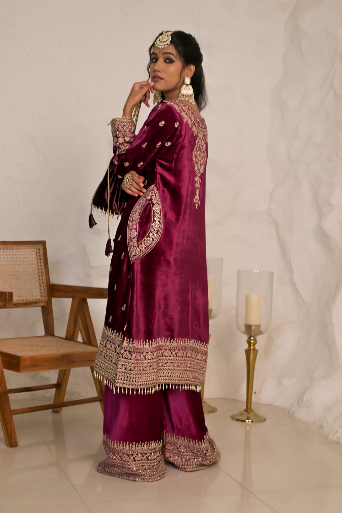 Velvet Embroidered Suit Set Maroon