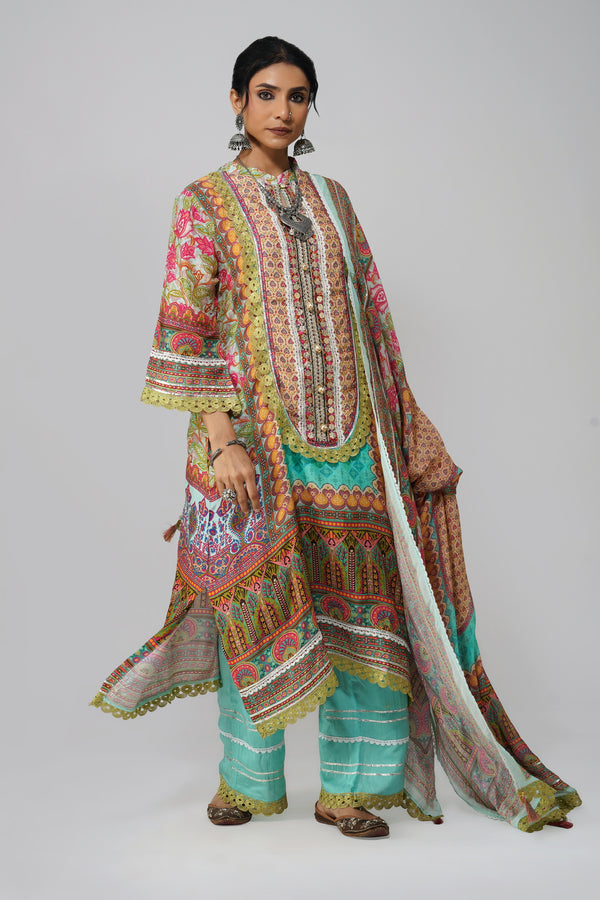 Multicolor Digital Printed 3-Piece Suit with Aqua Trousers