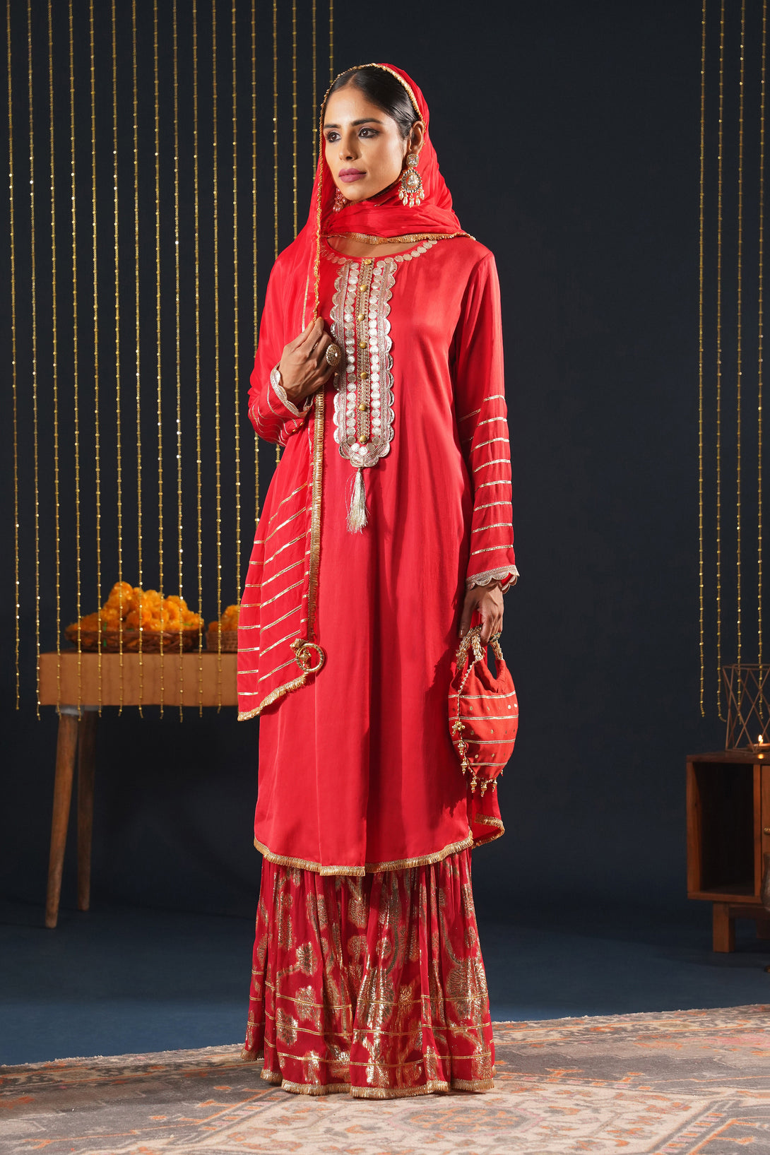 Scarlet Red Crepe Choga Suit