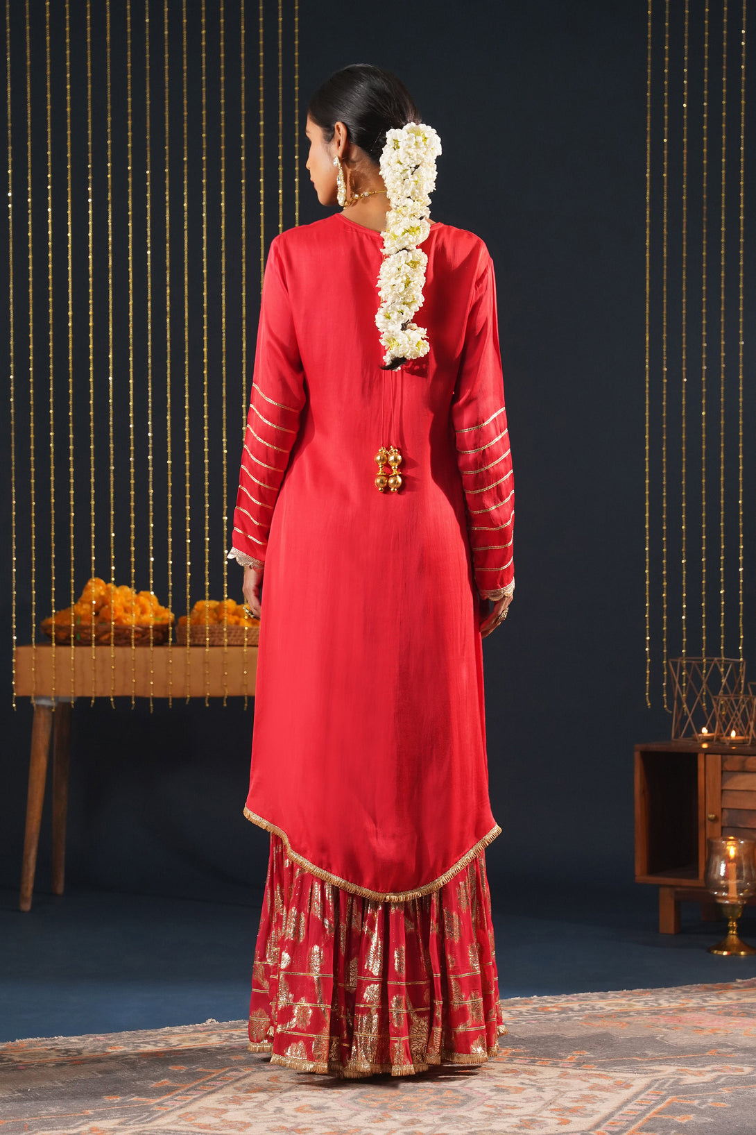 Scarlet Red Crepe Choga Suit