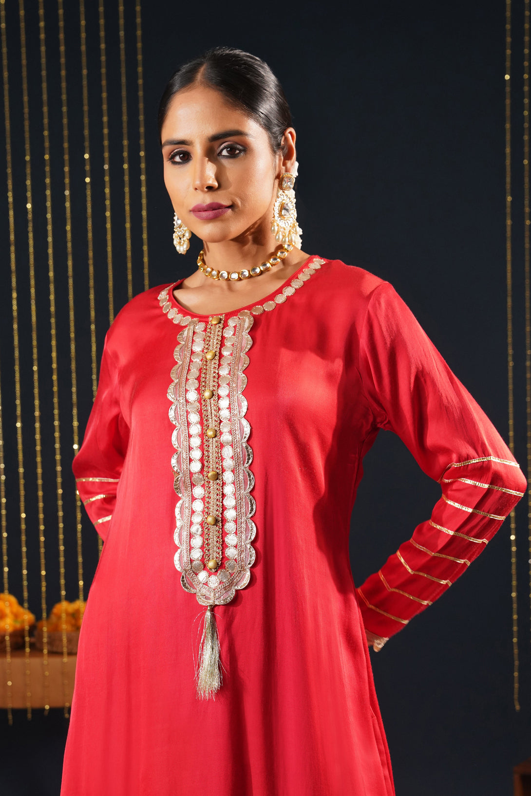 Scarlet Red Crepe Choga Suit