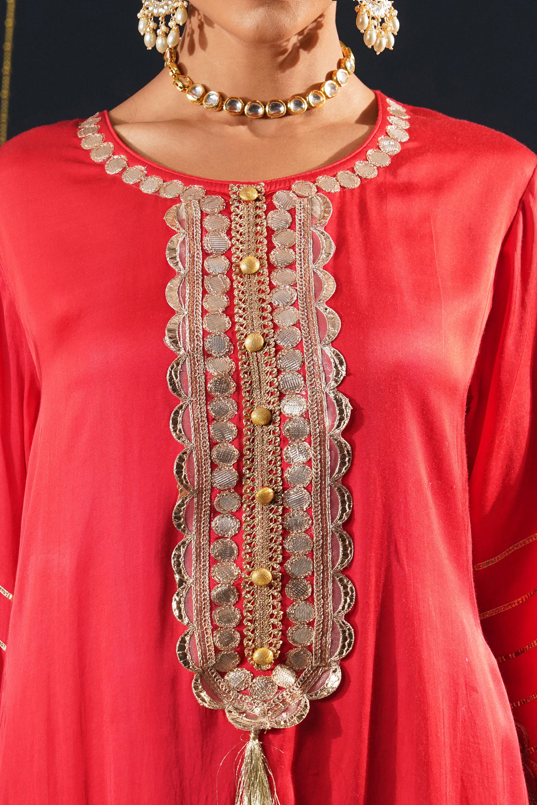 Scarlet Red Crepe Choga Suit