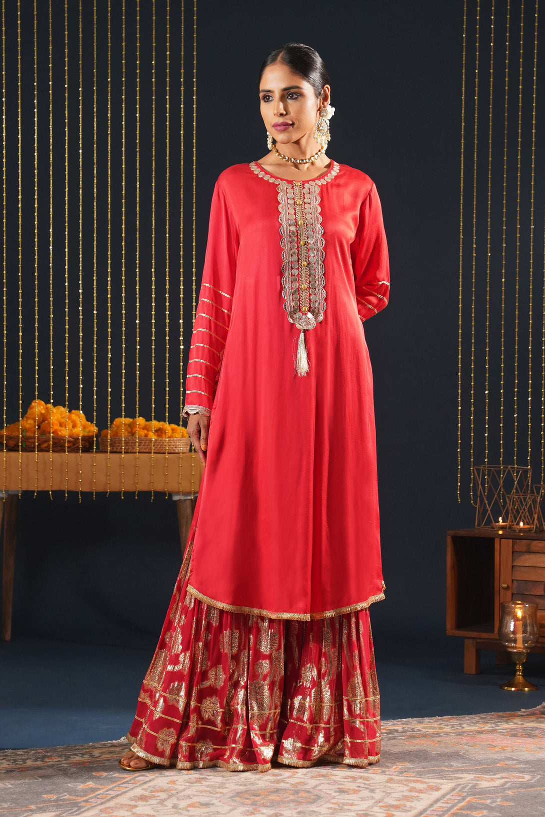 Scarlet Red Crepe Choga Suit