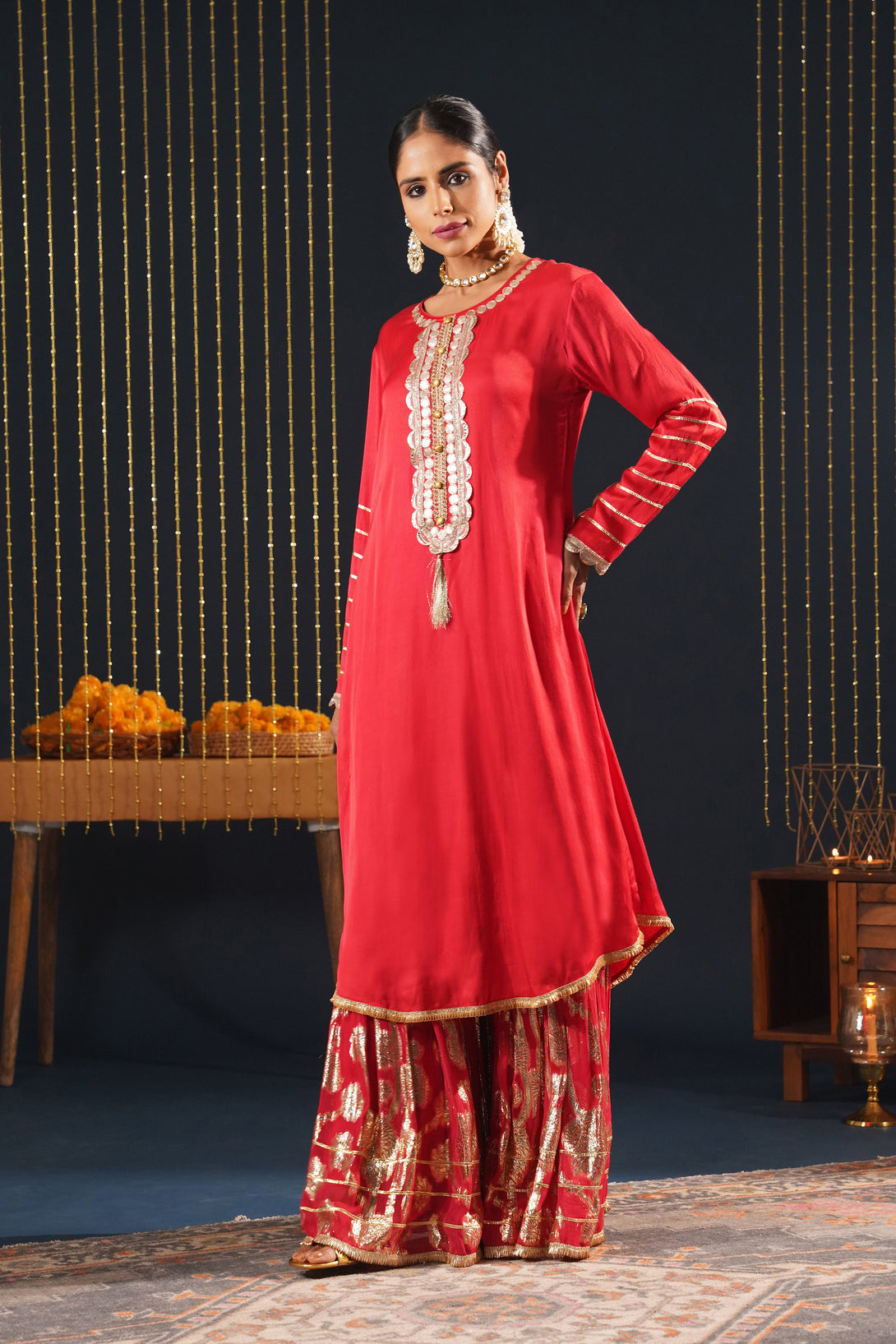 Scarlet Red Crepe Choga Suit