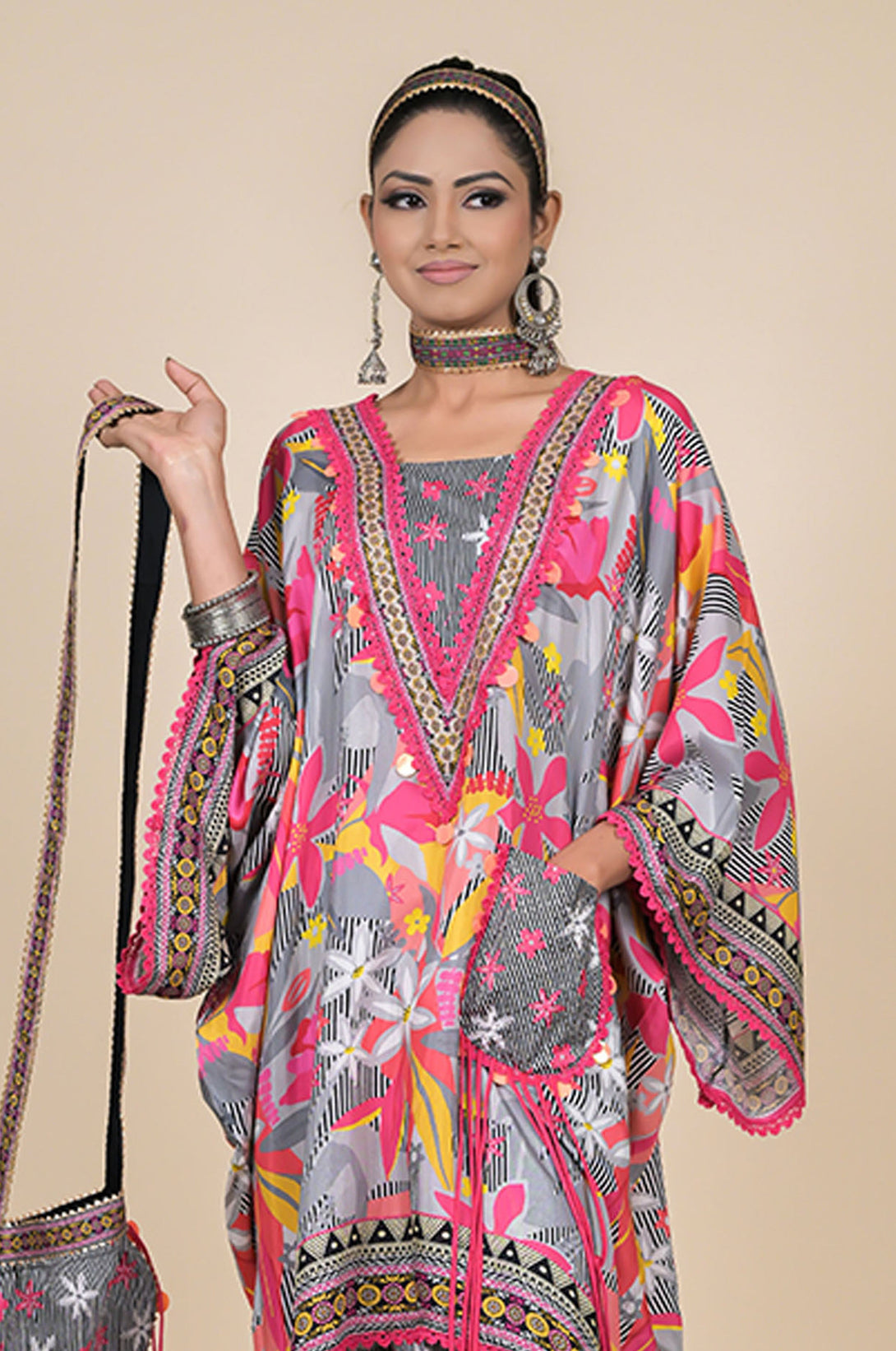 Bohemian Green Floral Kaftan Dress