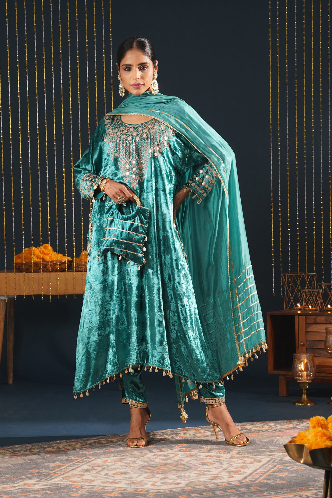 Teal Velvet Choga Suit Set