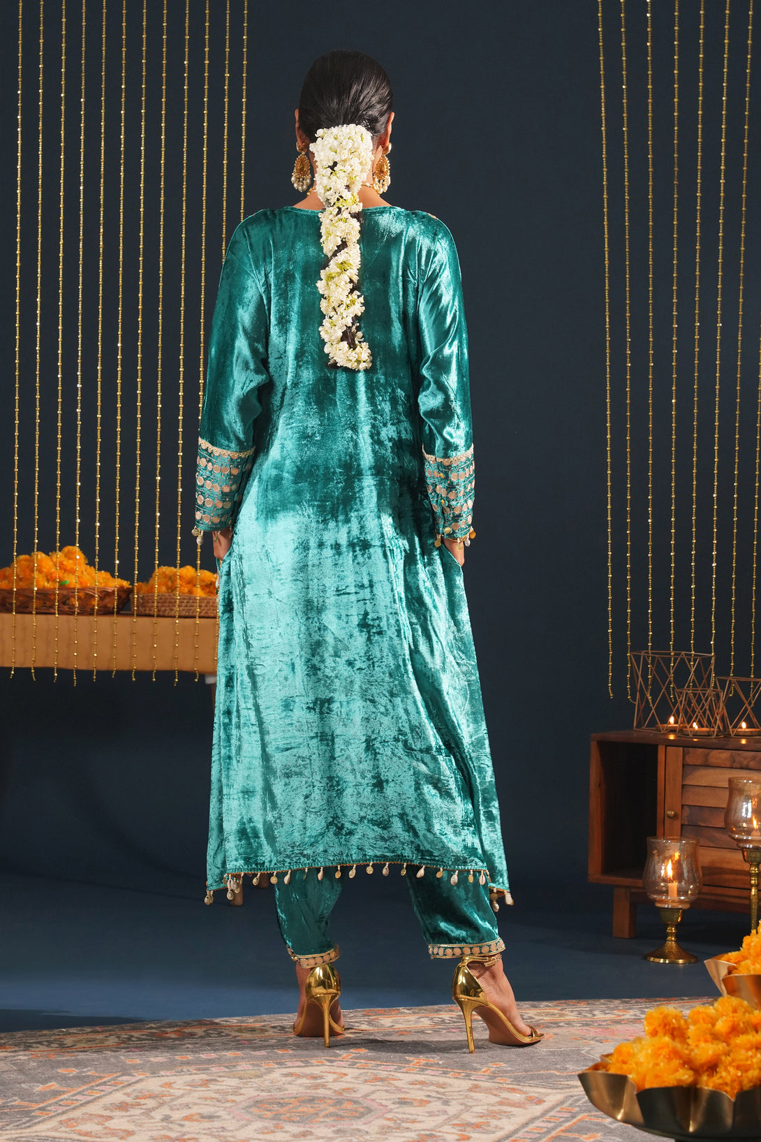 Teal Velvet Choga Suit Set