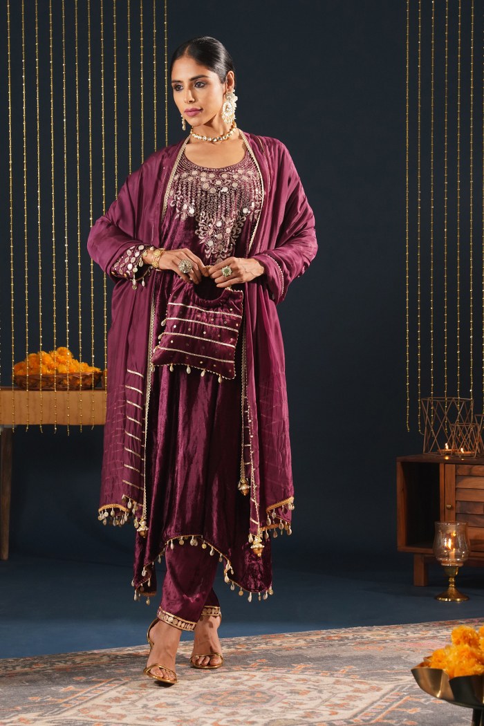 Wine Velvet Choga Suit Set