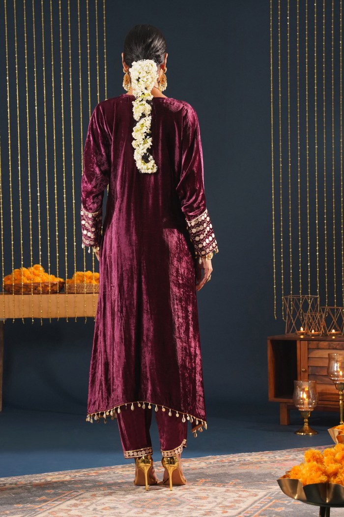 Wine Velvet Choga Suit Set