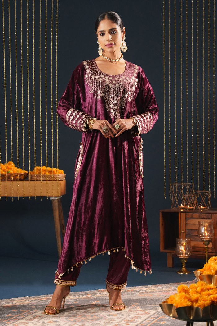 Wine Velvet Choga Suit Set