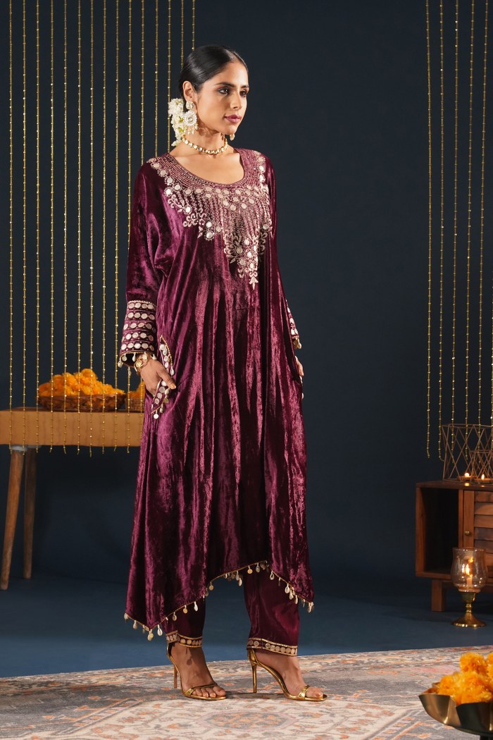 Wine Velvet Choga Suit Set