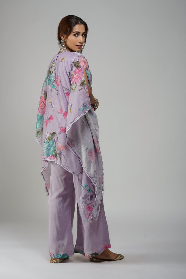 Lavender Floral Kaftan-Style Cotton Suit with Palazzo – Festive Wear