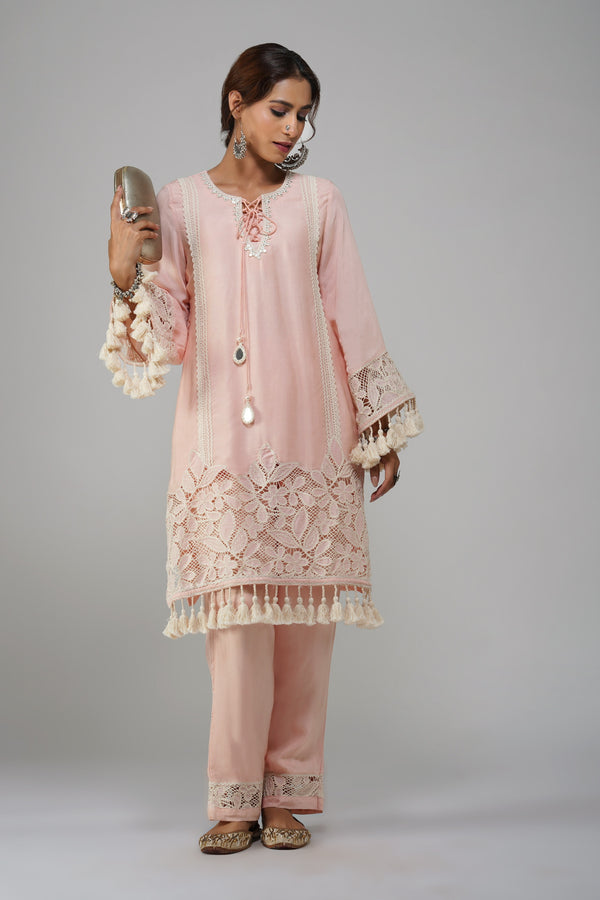 Blush Pink Embroidered Suit with Tassel Detailing