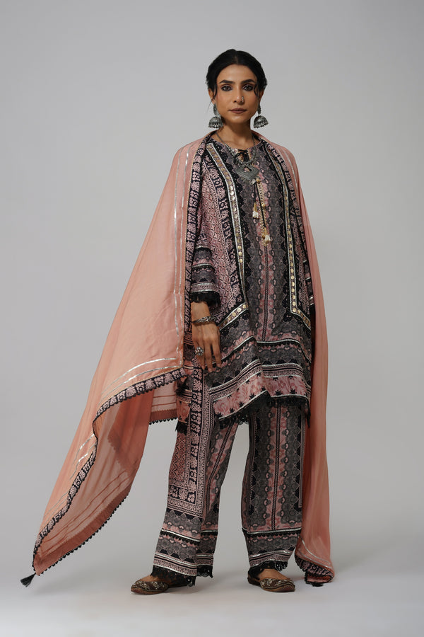 Elegant Pink & Black Printed 3-Piece Suit with Dupatta