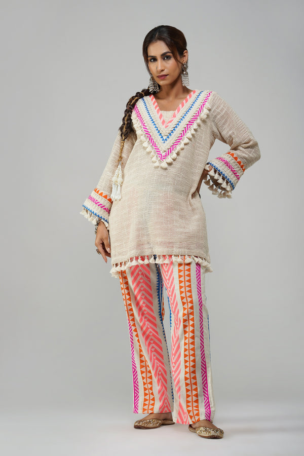 Boho Tribal-Inspired Linen Tunic Set – Vibrant & Effortless Chic